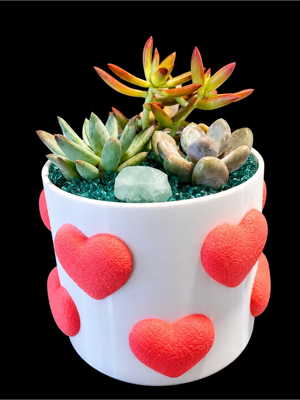 White 3-D Planter with Pink Heart Accents & Mixed LIVE Succulents